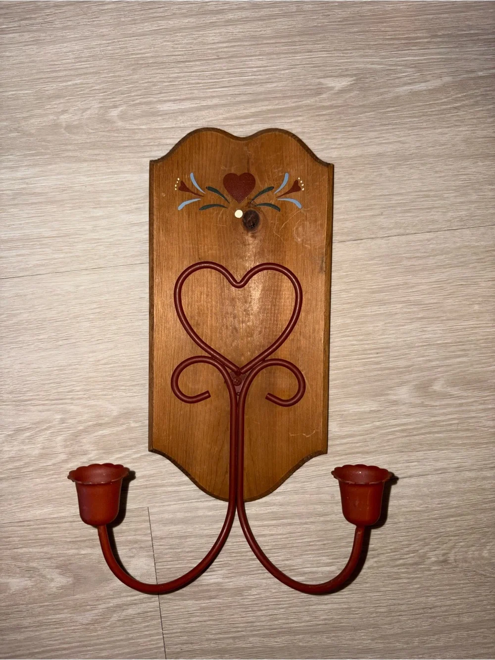 Rust Red Heart Wall Candle Sconce on Wood Backing & Two Wood Hearts!❤️🤎🩵